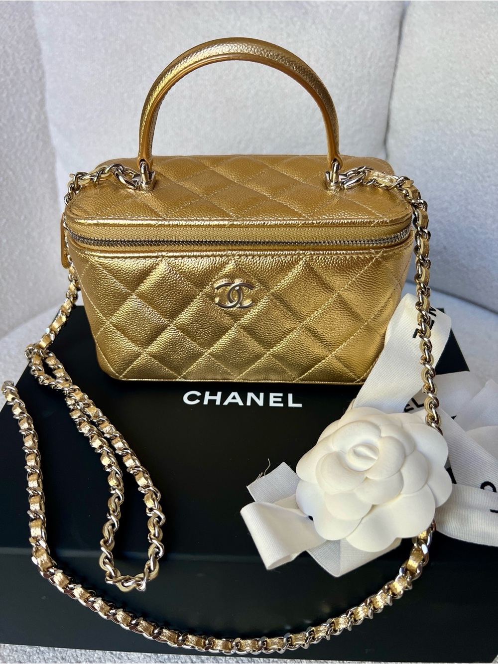 CHANEL 26A Metallic Gold Caviar Leather Quilted Vanity Crossbody